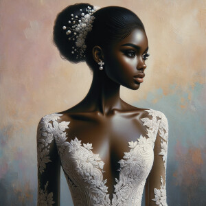 A hyper-realistic oil painting of an African American bride standing gracefully. She has a radiant complexion with a warm, glowing skin
tone. Her hair is styled in an elegant updo adorned with delicate white flowers. The bride is wearing a stunning, intricately detailed lacewedding gown with a subtle shimmer, capturing the light beautifully.The gown features a classic silhouette with a modern twist, including a deep V-neckline and a flowing train. She is also wearing a delicate pearl necklace and small, elegant earrings that add a touch ofsophistication. The background is a soft, romantic blur of pastelcolors, enhancing the focus on the bride and her exquisite bridal
attire. The painting should exude elegance, capturing the rich textures and vibrant details characteristic of oil paintings, with a particular emphasis on the fabric of the dress, the hairstyle, and the subtle a African-American Jesus Christ is in the background looking on