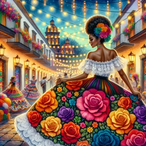 A detailed digital watercolor  illustration of a beautiful Afro Latina woman in a vibrant traditional Mexican folkloric dress dances gracefully in a lively, festive street. The dress has an off-shoulder white lace top and a voluminous, multicolored skirt adorned with intricate floral embroidery, bold roses, & detailed patterns. Her dark hair is elegantly styled in an updo, decorated with bright flowers matching her dress. Background showcases a picturesque colonial-style town illuminated by warm, glowing lanterns & string lights. The cobblestone street is lined with flower-filled balconies & lampposts, with people enjoying the festive atmosphere. The setting exudes a magical, celebratory ambiance, rich in color & culture.