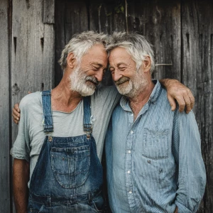 Two elderly men sharing a warm and affectionate embrace, conveyi...