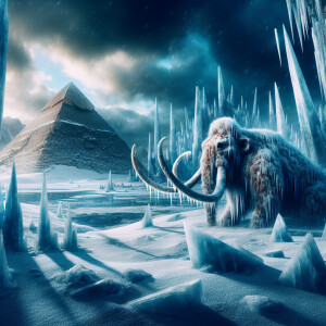 Depict a chilling apocalyptic ice age setting with a frozen wool...