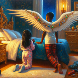 An oil painting of two African-American children with dark skin,...