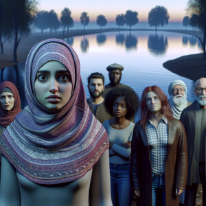 A group of people stands by the lake in the morning. One girl ha...
