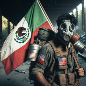Man in gas mask with an American flag on his back