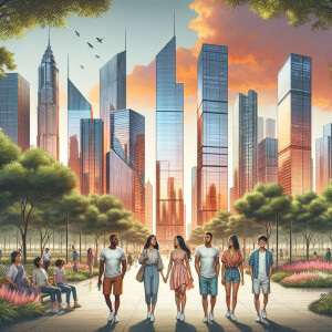 A modern cityscape at sunset, with tall glass skyscrapers reflec...