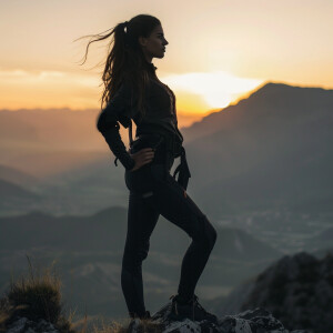 Fair-skinned woman with dark long hair, elegant and composed, we...