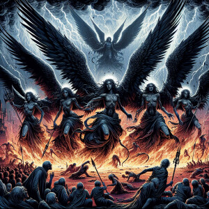 A group of majestic ebony archangels, their dark wings spread wi...