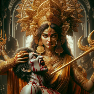 portrait of angry looking goddess durga sitting on a gold crown and carrying a weak mahishasur on her lap and stabbing him with her amazingly designed trident. She is wearing gold armor, a huge gold crown, gold saree, abundant  gold jewelry, covered in blood. The scene is set in ancient India. The image is 8K resolution, cinematic, ultra detailed face and epic.