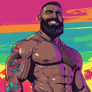 White muscular thin man with beard, big chin, smile and cheekbon...