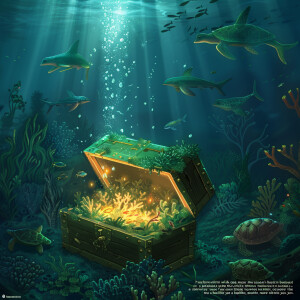 **Prompt**: Create an image that depicts a treasure chest underw...