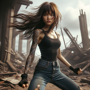 Thin Asian teen girl wearing tight jeans and a halter top Long brown hair and bangs, tattoos on her arms, athletic heroic pose