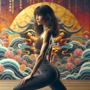 Athletic Thin skinny Attractive, Asian teenage girl, long brown hair and bangs, wearing tight skinny jeans and a halter top paint marks on her clothing, heroic pose Asian graffiti background,  backside view