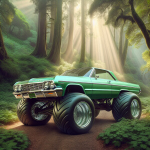 1964Chevrolet impala, candy green,  Forrest background,  ultra-d...