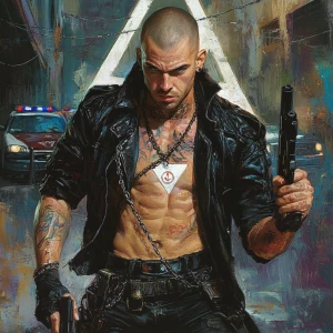 A muscular man with a shaved head, stern, intense expression, an...