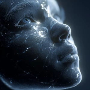 A luminous silver-skinned woman with hyper-detailed skin texture...