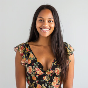 A cute woman

Californian

Smiling 

Clothes: Floral Dress

Look...