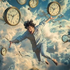 Create a humorous image of an individual frantically racing agai...