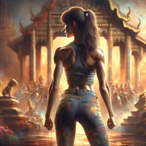 Athletic Thin skinny Attractive, Asian teenage girl, long brown hair and bangs, wearing tight skinny jeans and a halter top paint marks on her clothing, heroic pose Asian graffiti background, backside view