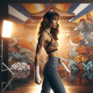 Athletic Thin skinny Attractive, Asian teenage girl, long brown hair and bangs, wearing tight skinny jeans and a halter top paint marks on her clothing, heroic pose Asian graffiti background, side view