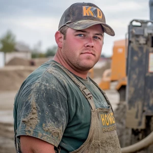 Brian Nobles a real 28 year old Caucasian male who is using  a concrete mixer, he is a  pump operator holding the hose which carries the liquid concrete to the foundation pour, Brian is slowly  beginning his transition into adult maturity , Brian Nobles is beginning to look like a grown man, he has large reflective blue eyes and a wrinkled brow,Brian is now balding , prominent large protruding round fat obese belly,,thick goatee beard, healthy muscle mass ,very noticeable male pattern balding hairline, Brian Nobles now has a  prominent receding and thinning male hairline (onset male pattern baldness), slightly fat overweight(Caucasian)wearing tight body conforming  glossy satin shiny green and gold tight fitting body conforming UnderArmour athletic bodysuit,emblazoned with the "KD HOMES" real estate logo, standing confidently in front of a newly completed constructed new KD HOME in Victorville California in a raw desert landscape. Brian has a protruding fat obese muscular physique, large male bulge, fat obese muscular frame , shows a substantial frame with a noticeable mature hairline and expressive eyes. His workman’s  pose should reflect his experience in his trade.