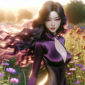 "4K  quality, a tall and elegant girl with long, flowing purple...
