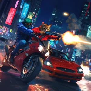 Create an image of a humanoid cat character on a motorcycle in a...