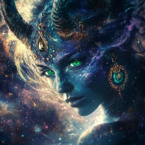 Create an image of a Taurus goddess with green eyes and head jew...