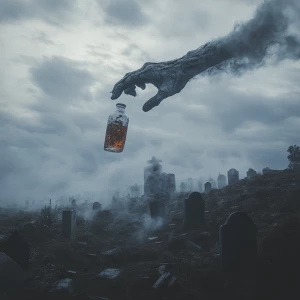 A spectral hand emerging from billowy clouds above a fog-enshrou...