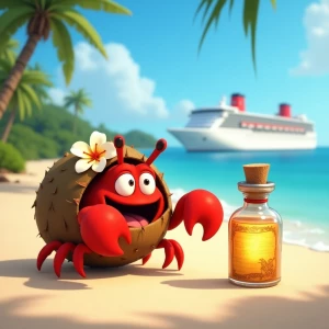 Create a charming cartoon image of a female red hermit crab, coc...