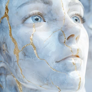 A Woman's Face Sculpted from Carrara Marble, veins of shimmering...