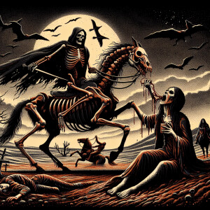 Skeleton man riding dead horse