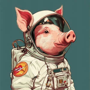 Cute cartoon pig in vintage white spacesuit and NASA style helme...