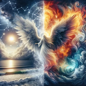 **Central Figure**: The central figure appears to be an angelic...