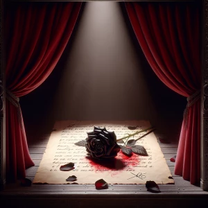 Square image. Album art. Photorealistic. A black rose is illumin...