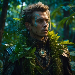 A luminously enigmatic solarpunk warlock, bathed in ethereal lig...