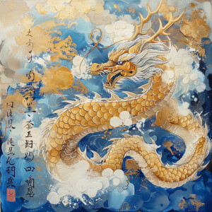 Mythical golden Chinese dragon with accents of the colors white...