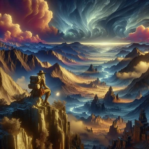 A lone adventurer perched on the edge of a windswept cliff, over...