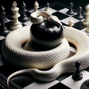 Albino cobra wrapped around a black and white stripped apple,  n...