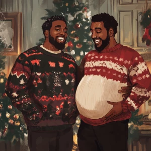 A joyful, cozy Christmas scene featuring two men resembling Jay-...