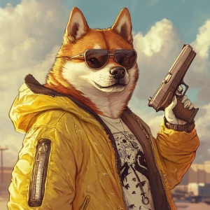 DOGE meme.,draw badass dog holding gun, GTA style