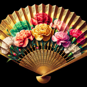 Create a gold Japanese Fan with beautiful colored carnations