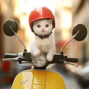 A white kitten wearing a red helmet is sitting on a yellow Vespa...