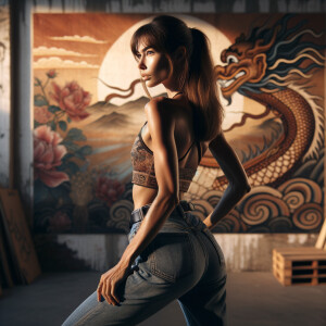 Athletic Thin skinny Attractive, Asian teenage girl, long brown hair and bangs, wearing tight skinny jeans and a halter top paint marks on her clothing, heroic pose Asian graffiti background, backside view