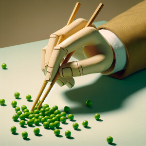 hand picking up green peas with chopstick as a game