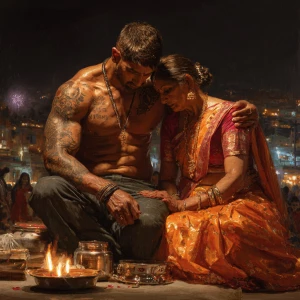 Hyperrealism oil painting.a muscular beefy sweaty tattoed indian...