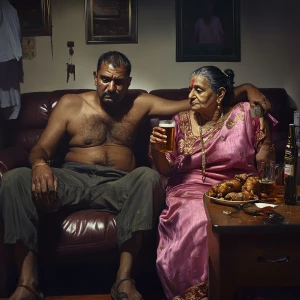 Photorealism,a muscular   criminal man sitting drinking beer wit...