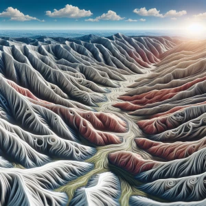 Create a surrealistic image of a landscape where rolling hills a...