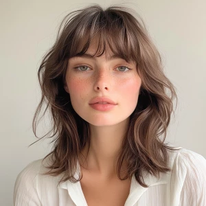 a woman, look to the camera, close up photo, curtain bangs, Soft...