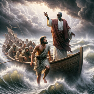 African-American Jesus telling Peter to come walk on the water,...