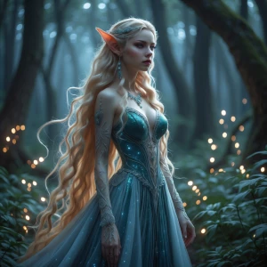 Design an image depicting a graceful fantasy elfin woman adorned...