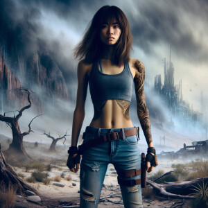 Thin Asian teen girl wearing tight jeans and a halter top Long brown hair and bangs, tattoos on her arms, athletic heroic pose